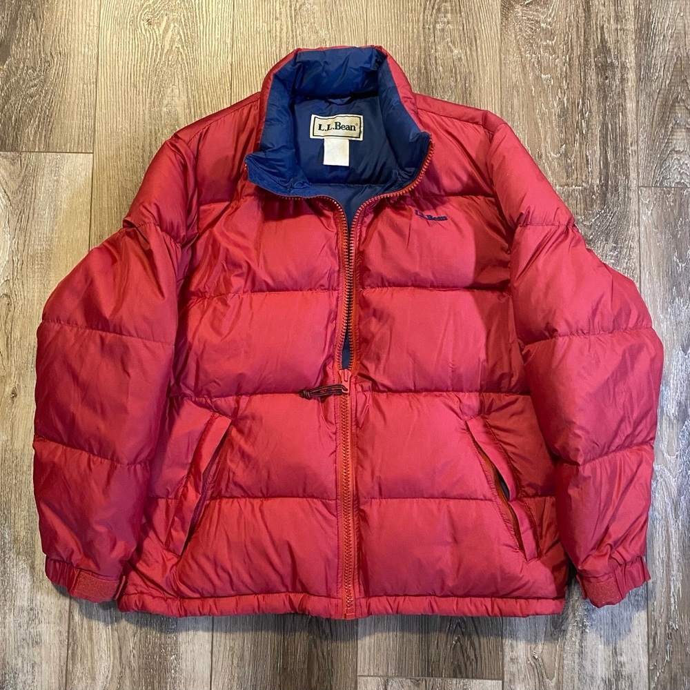 L.L. Bean red and blue puffer coat.